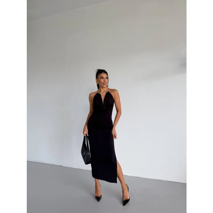 MARSiLYAN- Kadın Boyun Aksesuarlı Halter Yaka Maxi Boy Sandy Kumaş Elbise