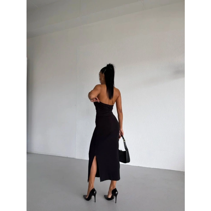 MARSiLYAN- Kadın Boyun Aksesuarlı Halter Yaka Maxi Boy Sandy Kumaş Elbise