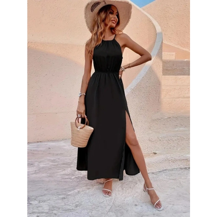 MARSiLYAN- Kadın Boyundan Askılı Belden Lastikli Yandan Yırtmaç Detaylı Viskon Elbise