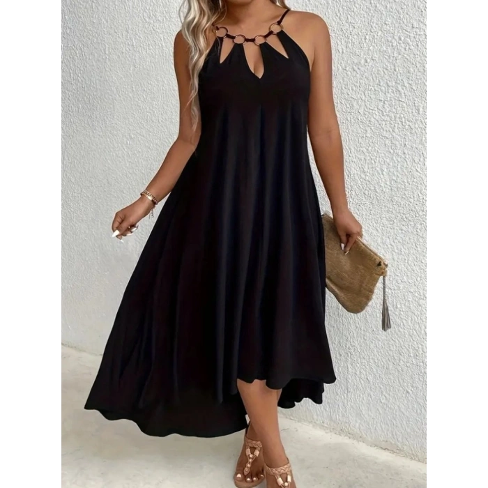 MARSiLYAN- Kadın Boyundan Askılı Damla Detaylı Halkalı Asimetrik Kesim Viskon Elbise