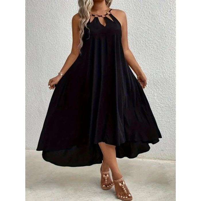 MARSiLYAN- Kadın Boyundan Askılı Damla Detaylı Halkalı Asimetrik Kesim Viskon Elbise