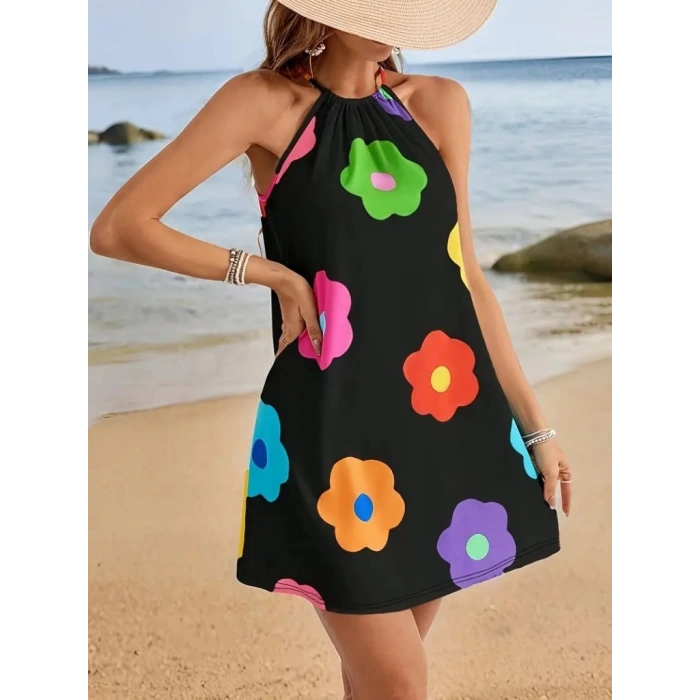 MARSiLYAN- Kadın Boyundan Askılı Kolsuz çiçek Desenli Süprem Elbise