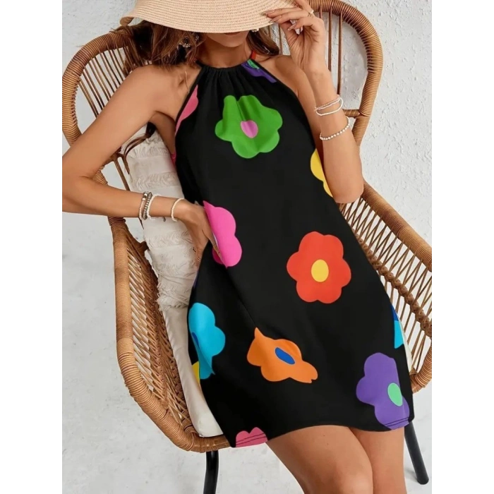 MARSiLYAN- Kadın Boyundan Askılı Kolsuz çiçek Desenli Süprem Elbise