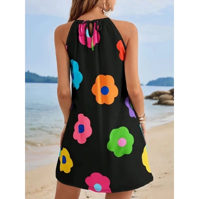 MARSiLYAN- Kadın Boyundan Askılı Kolsuz çiçek Desenli Süprem Elbise