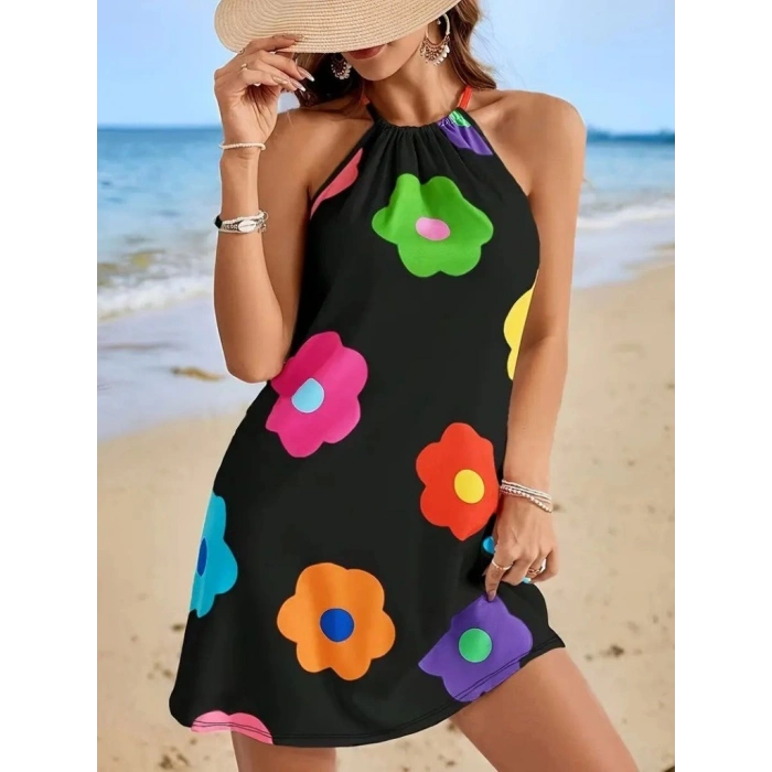 MARSiLYAN- Kadın Boyundan Askılı Kolsuz çiçek Desenli Süprem Elbise