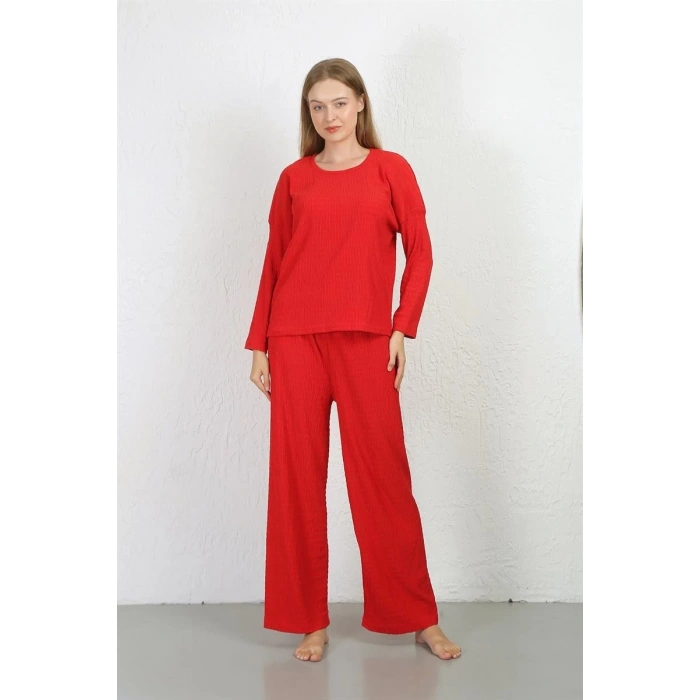 MARSiLYAN- Kadın Bürümcük Kumaş Pijama Takım Kırmızı