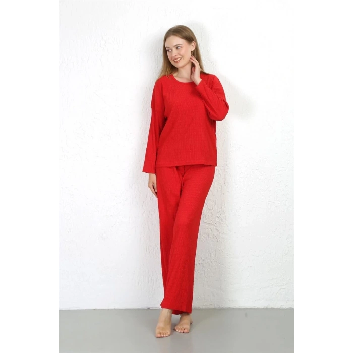 MARSiLYAN- Kadın Bürümcük Kumaş Pijama Takım Kırmızı