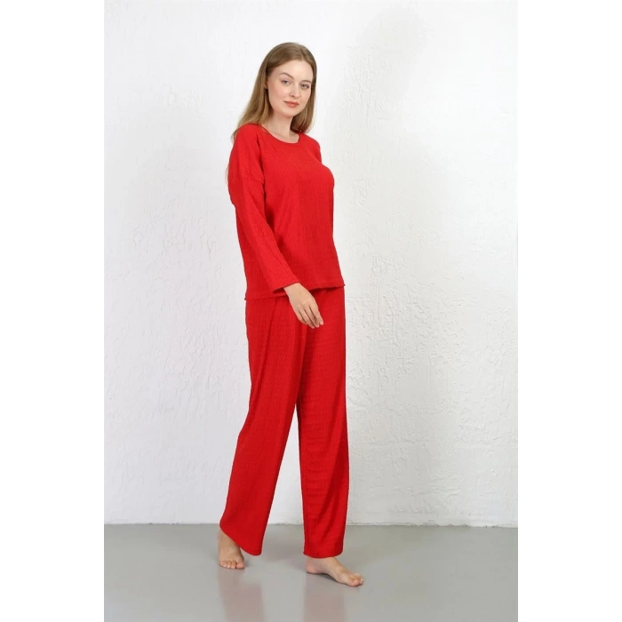 MARSiLYAN- Kadın Bürümcük Kumaş Pijama Takım Kırmızı