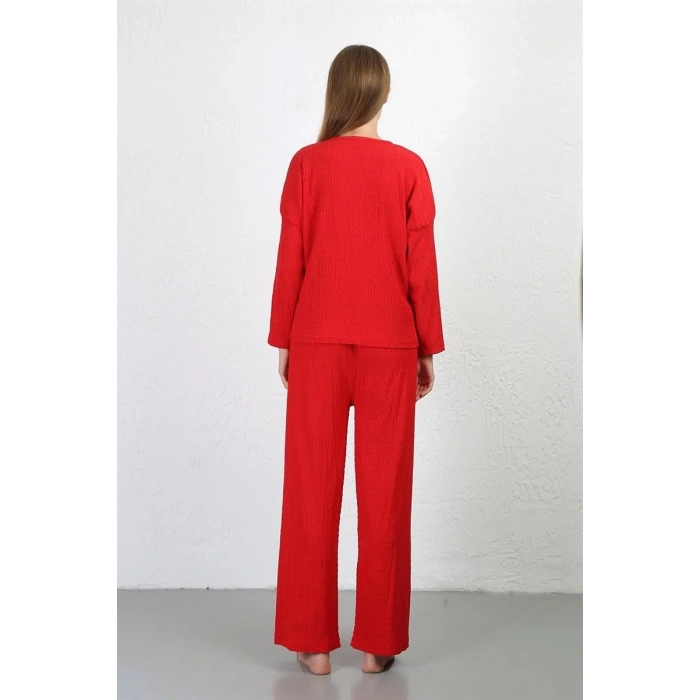 MARSiLYAN- Kadın Bürümcük Kumaş Pijama Takım Kırmızı