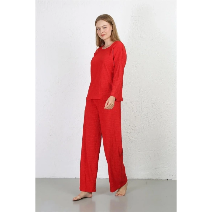 MARSiLYAN- Kadın Bürümcük Kumaş Pijama Takım Kırmızı