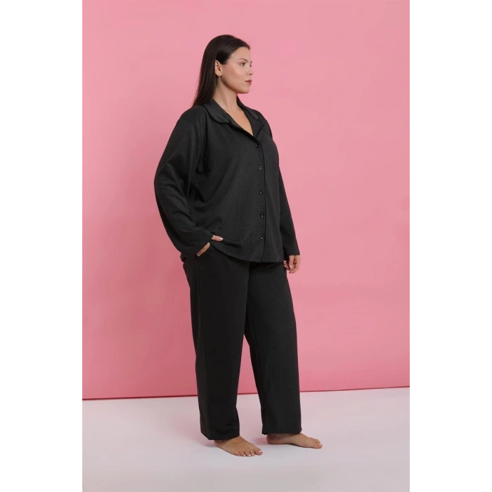 MARSiLYAN- Kadın Büyük Beden Füme Düğmeli Pijama Takımı