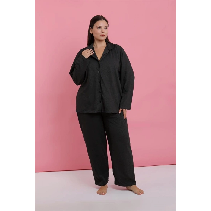 MARSiLYAN- Kadın Büyük Beden Füme Düğmeli Pijama Takımı