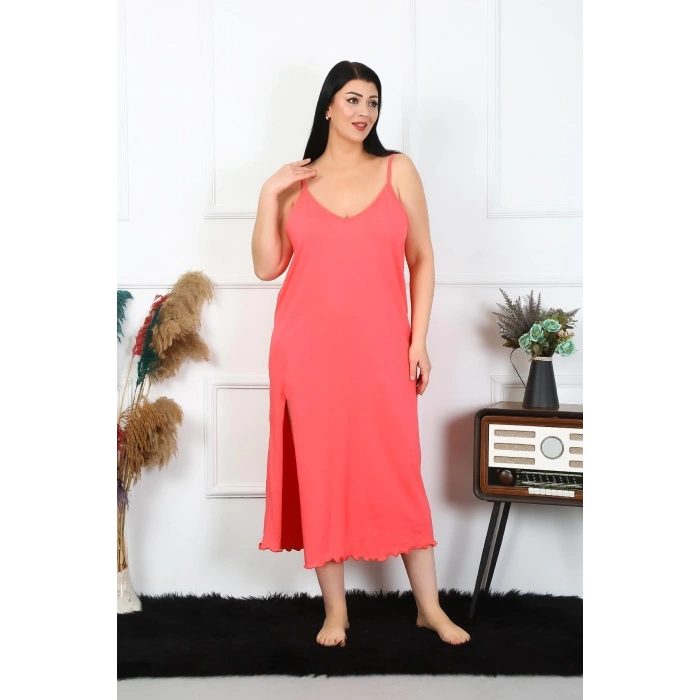 MARSiLYAN- Kadın Büyük Beden İp Askılı Pamuklu Somon Uzun Gecelik