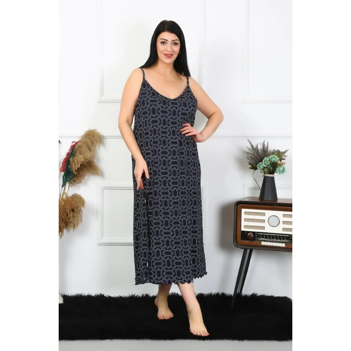 MARSiLYAN- Kadın Büyük Beden İp Askılı Pamuklu Uzun Gecelik