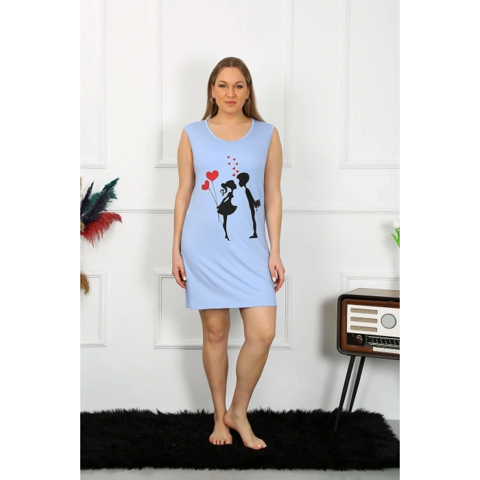 MARSiLYAN- Kadın Büyük Beden Kalın Askılı Penye Diz Üstü Mavi Gecelik