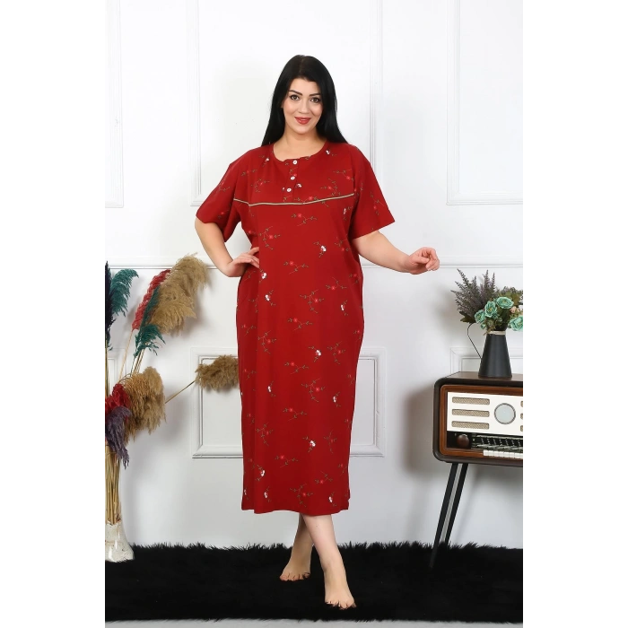 MARSiLYAN- Kadın Büyük Beden Kısa Kol Bordo Anne Gecelik