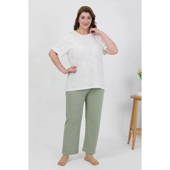 MARSiLYAN- Kadın Büyük Beden Kısa Kol Penye Pijama Takımı Beyaz