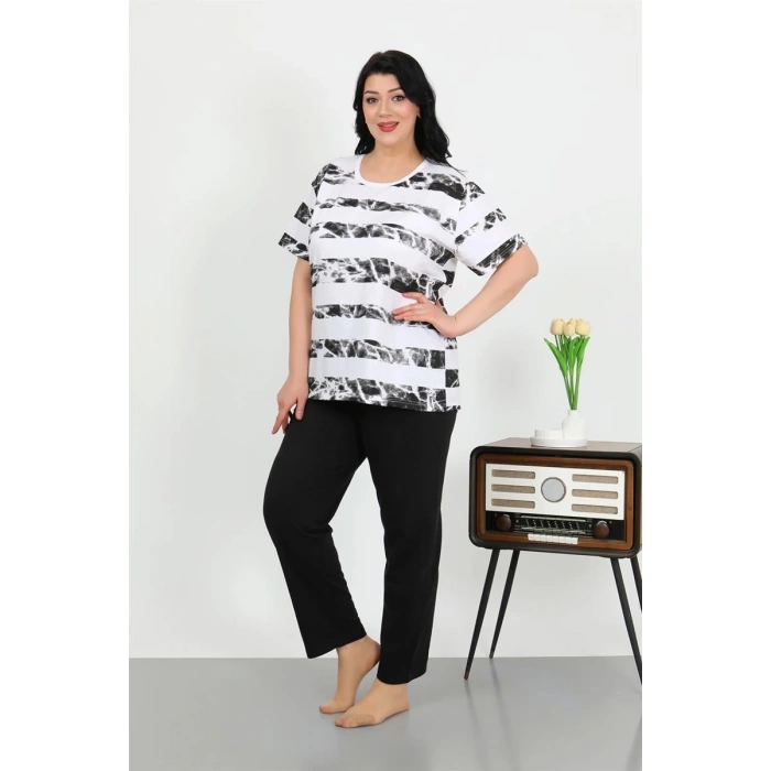 MARSiLYAN- Kadın Büyük Beden Kısa Kol Penye Pijama Takımı Beyaz