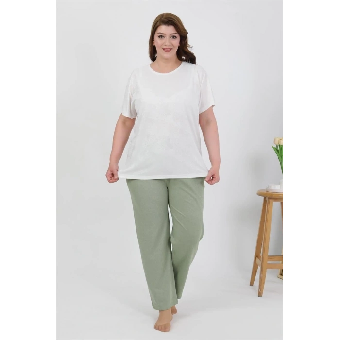 MARSiLYAN- Kadın Büyük Beden Kısa Kol Penye Pijama Takımı Beyaz