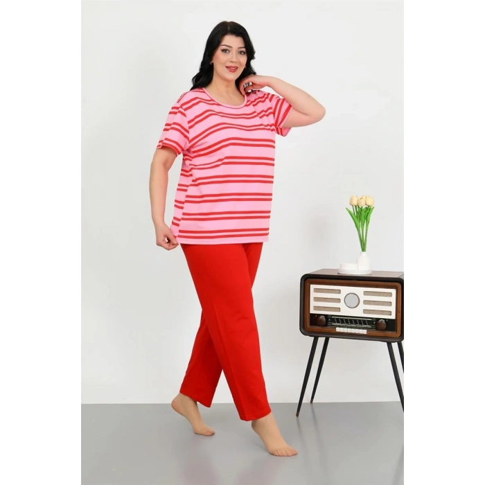 MARSiLYAN- Kadın Büyük Beden Kısa Kol Penye Pijama Takımı Kırmızı