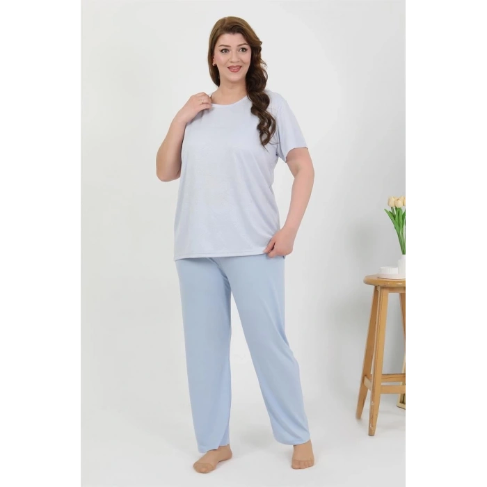 MARSiLYAN- Kadın Büyük Beden Kısa Kol Penye Pijama Takımı Mavi