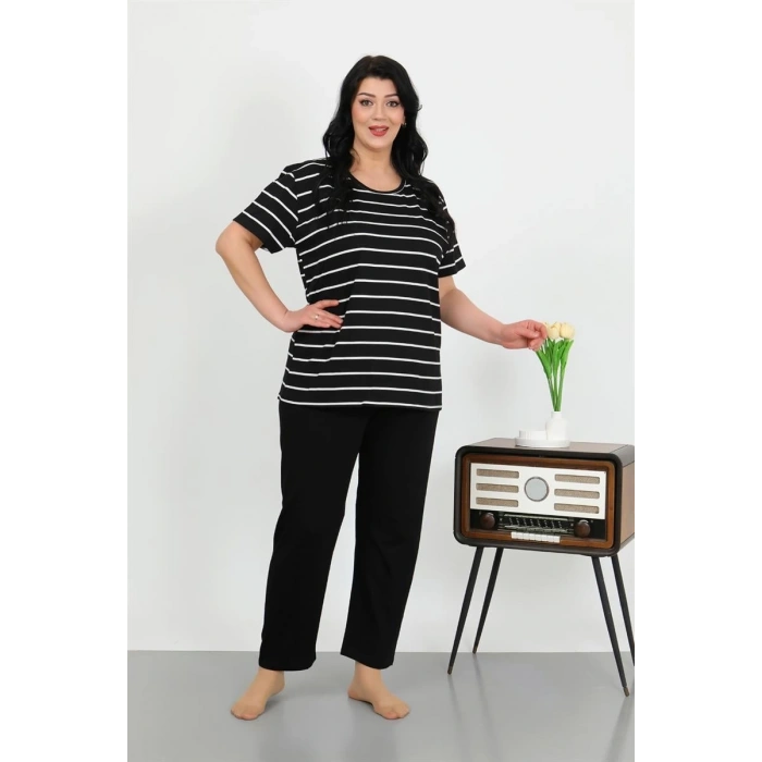 MARSiLYAN- Kadın Büyük Beden Kısa Kol Penye Pijama Takımı Siyah