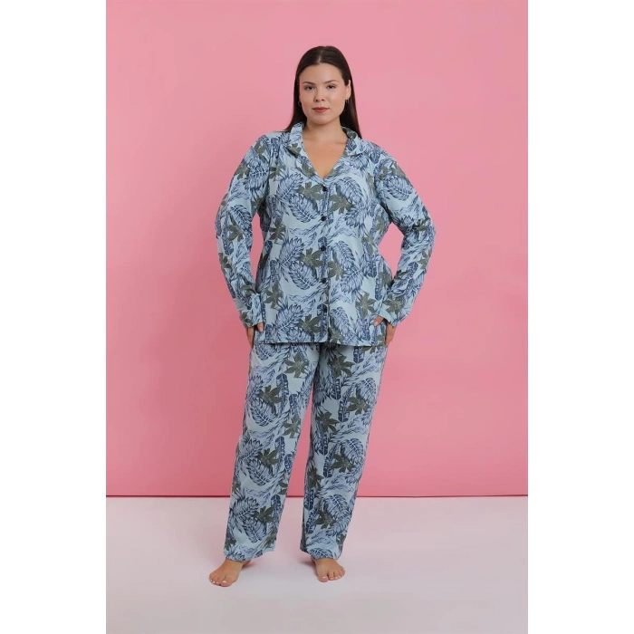 MARSiLYAN- Kadın Büyük Beden Mavi Tropikal Desenli Düğmeli Pijama Takımı