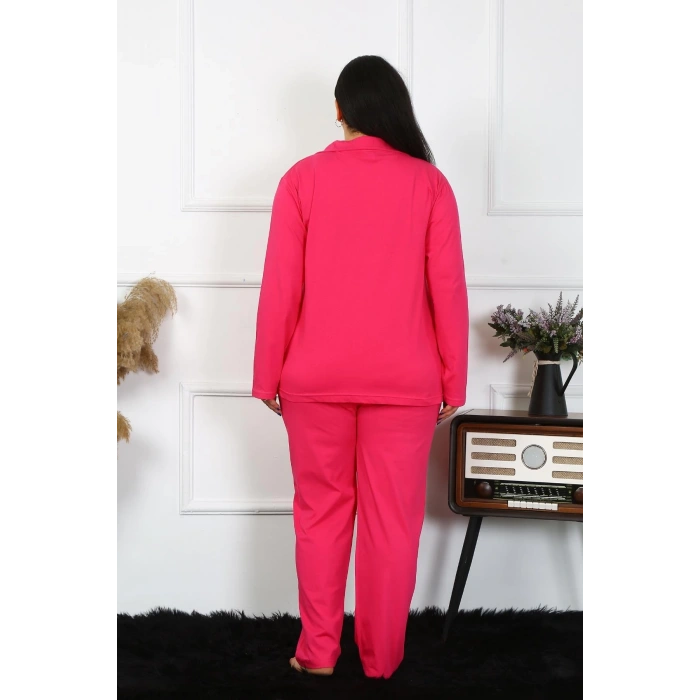 MARSiLYAN- Kadın Büyük Beden Pamuklu Cepli Düğmeli Fuşya Pijama Takım