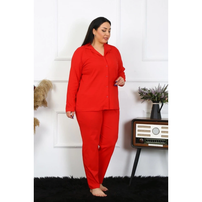 MARSiLYAN- Kadın Büyük Beden Pamuklu Cepli Düğmeli Kırmızı Pijama Takım