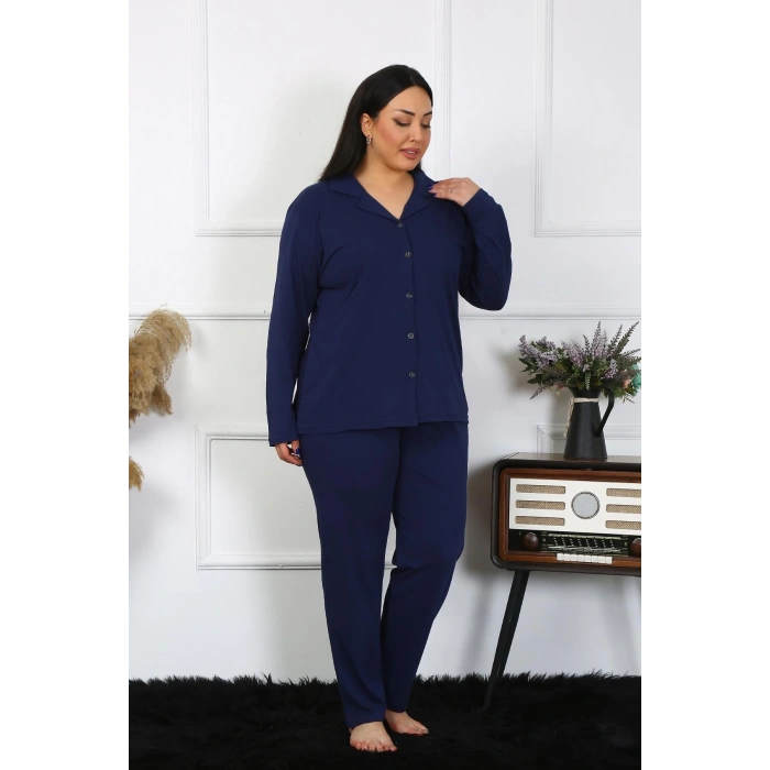 MARSiLYAN- Kadın Büyük Beden Pamuklu Cepli Düğmeli Lacivert Pijama Takım