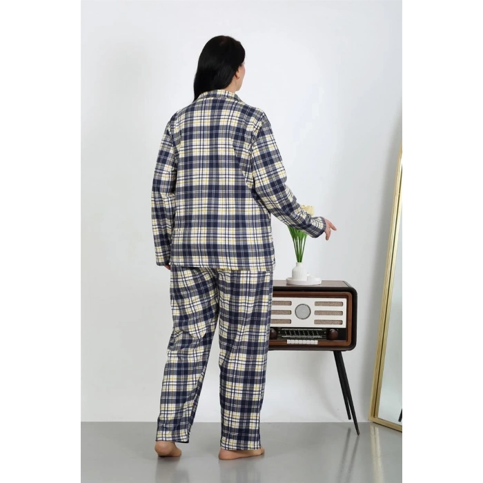 MARSiLYAN- Kadın Büyük Beden Pamuklu Cepli Düğmeli Lacivert Pijama Takım