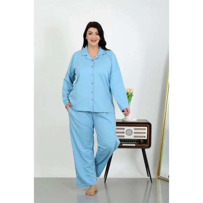 MARSiLYAN- Kadın Büyük Beden Pamuklu Cepli Düğmeli Mavi Pijama Takım