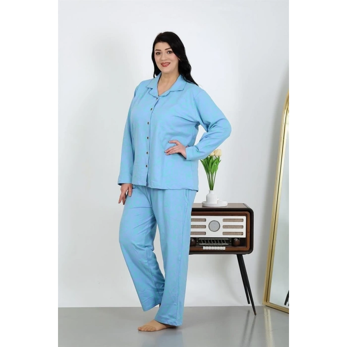 MARSiLYAN- Kadın Büyük Beden Pamuklu Cepli Düğmeli Mavi Pijama Takım