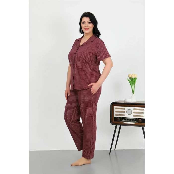 MARSiLYAN- Kadın Büyük Beden Pamuklu Cepli Düğmeli Mor Pijama Takım