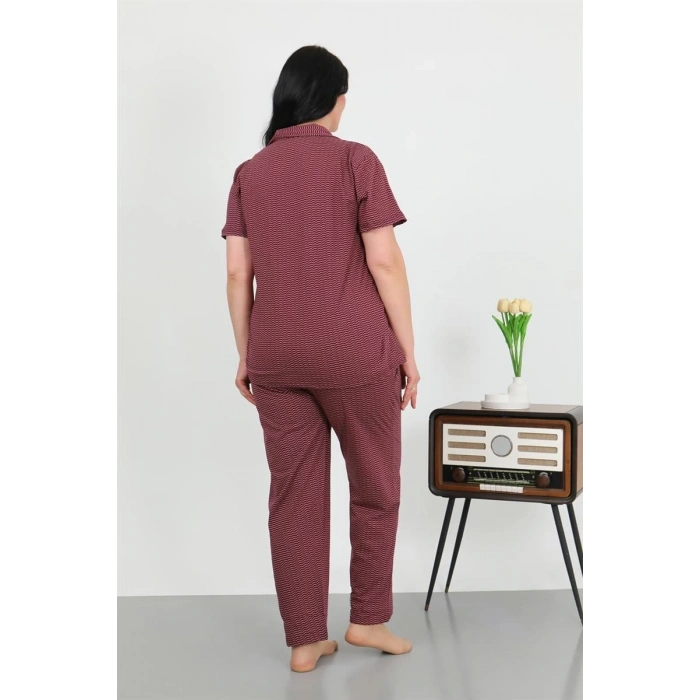 MARSiLYAN- Kadın Büyük Beden Pamuklu Cepli Düğmeli Mor Pijama Takım