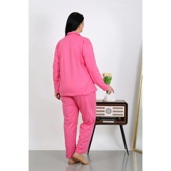 MARSiLYAN- Kadın Büyük Beden Pamuklu Cepli Düğmeli Pembe Pijama Takım