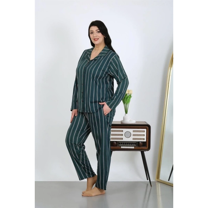 MARSiLYAN- Kadın Büyük Beden Pamuklu Cepli Düğmeli Petrol Pijama Takım