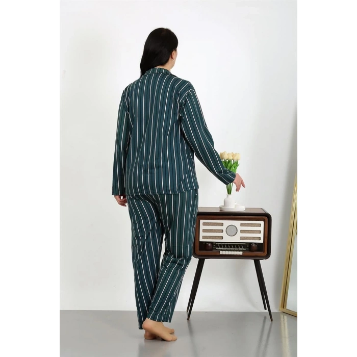 MARSiLYAN- Kadın Büyük Beden Pamuklu Cepli Düğmeli Petrol Pijama Takım