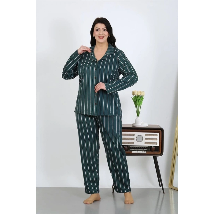 MARSiLYAN- Kadın Büyük Beden Pamuklu Cepli Düğmeli Petrol Pijama Takım