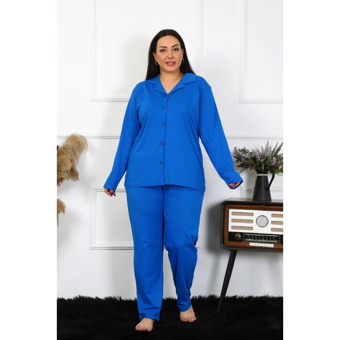 MARSiLYAN- Kadın Büyük Beden Pamuklu Cepli Düğmeli Saks Pijama Takım