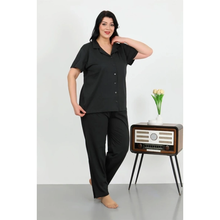 MARSiLYAN- Kadın Büyük Beden Pamuklu Cepli Düğmeli Siyah Pijama Takım