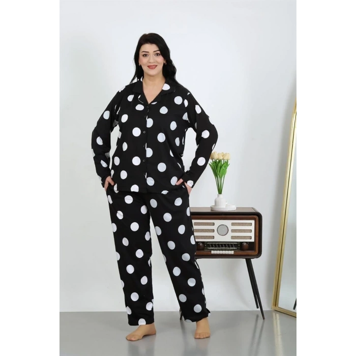 MARSiLYAN- Kadın Büyük Beden Pamuklu Cepli Düğmeli Siyah Pijama Takım