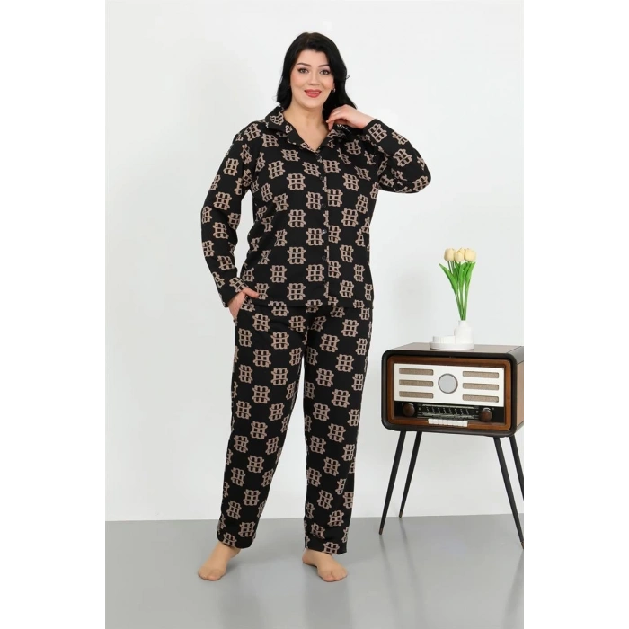 MARSiLYAN- Kadın Büyük Beden Pamuklu Cepli Düğmeli Siyah Pijama Takım