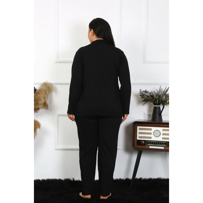 MARSiLYAN- Kadın Büyük Beden Pamuklu Cepli Düğmeli Siyah Pijama Takım