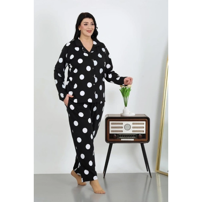 MARSiLYAN- Kadın Büyük Beden Pamuklu Cepli Düğmeli Siyah Pijama Takım