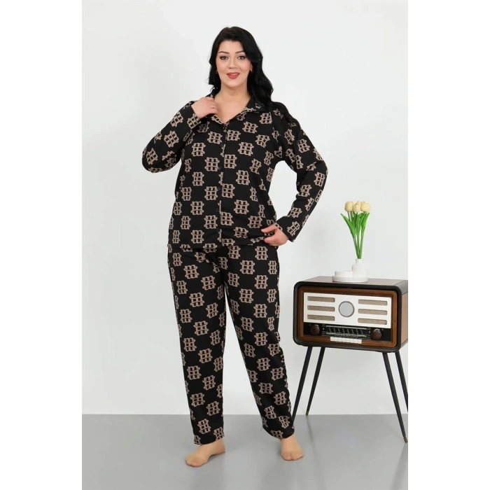 MARSiLYAN- Kadın Büyük Beden Pamuklu Cepli Düğmeli Siyah Pijama Takım