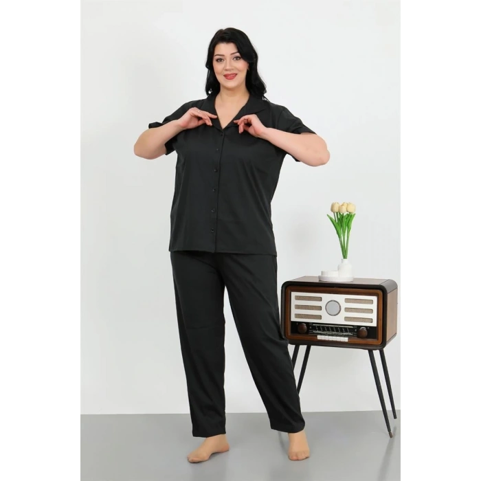 MARSiLYAN- Kadın Büyük Beden Pamuklu Cepli Düğmeli Siyah Pijama Takım