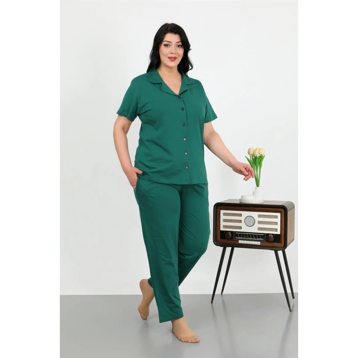 MARSiLYAN- Kadın Büyük Beden Pamuklu Cepli Düğmeli ZümrütYeşili Pijama Takım