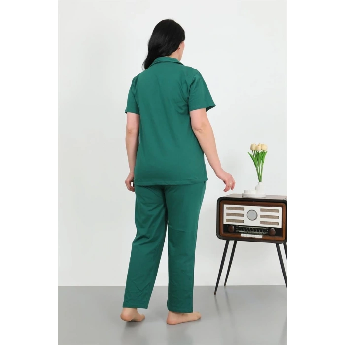 MARSiLYAN- Kadın Büyük Beden Pamuklu Cepli Düğmeli ZümrütYeşili Pijama Takım