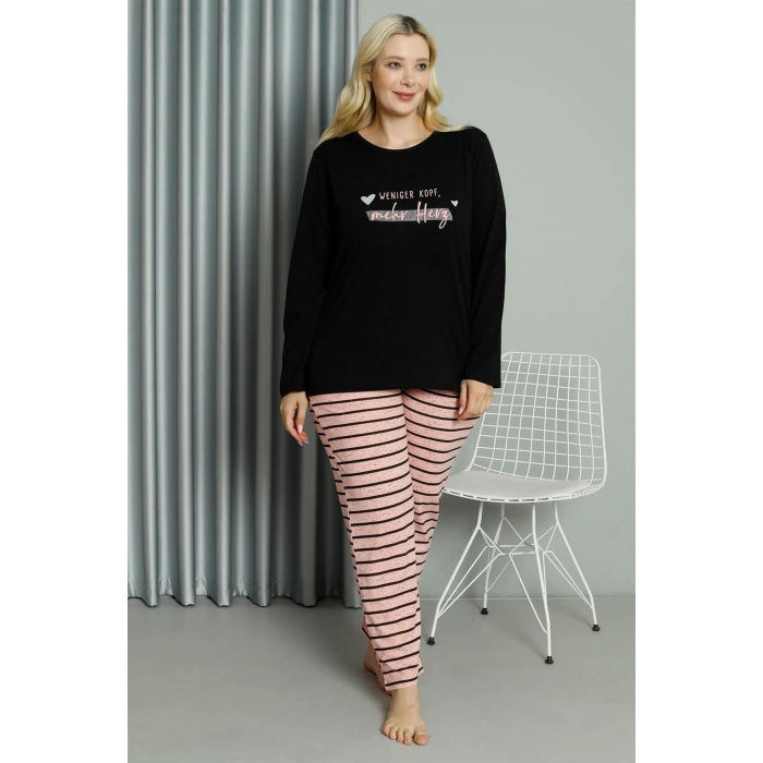 MARSiLYAN- Kadın Büyük Beden Penye Uzun Kol Pijama Takım Siyah